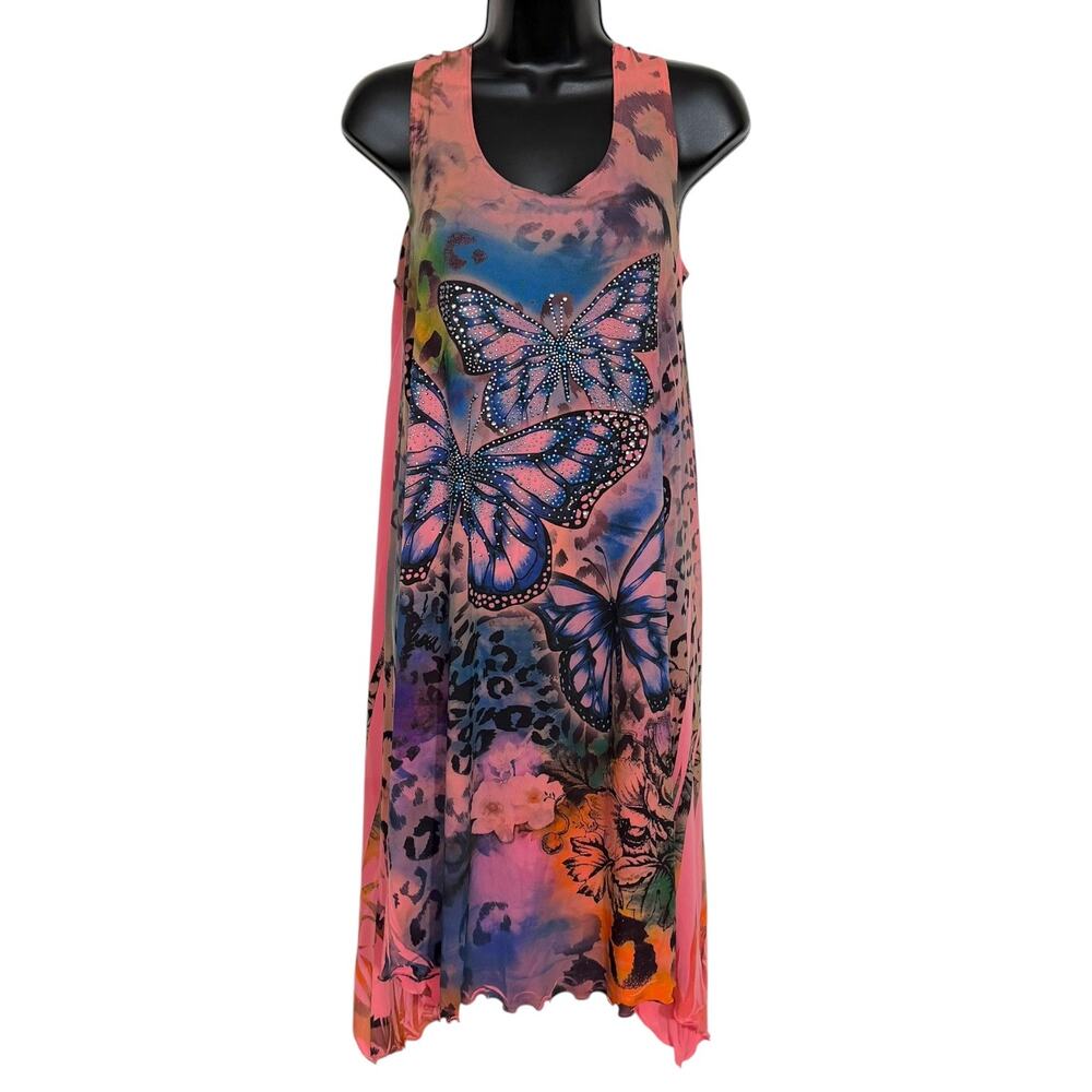 Jostar Butterfly Midi Dress M 90s Y2K Style Pink Rhinestone Graphic Sharkbite